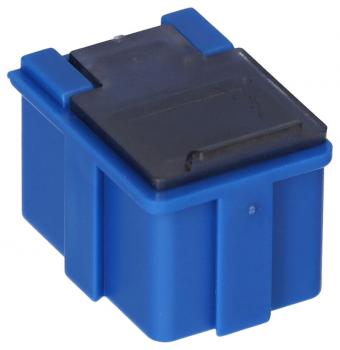 Das Bild zeigt einen kleinen, quadratischen Kasten in kräftigem Blau mit einer schwarzen Oberseite. An den Seiten sind zwei kleine, herausstehende Elemente, die als Halterungen dienen könnten.