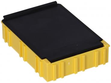 The image shows a rectangular, yellow box with textured sides and a black lid. The edges are slightly raised, which gives the box stability.