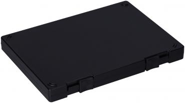 Das Bild zeigt ein schwarzes rechteckiges Gehäuse, flach und glatt mit abgerundeten Ecken. Es hat zwei Verriegelungen auf einer Seite und ist in einem minimalistischen Design gehalten.