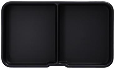 The image displays a simple, rectangular tray in black, divided into two compartments. The edges are slightly rounded, and the material appears sturdy and smooth.