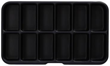 The image shows a black container with a total of 12 rectangular compartments. The compartments are evenly arranged and provide space for various small items.