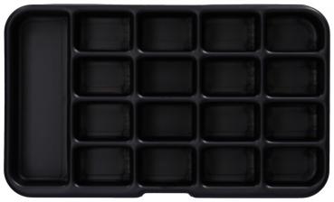 The image shows a black storage unit with 16 rectangular compartments in two rows and a larger compartment on the left side. The compartments are evenly arranged and have smooth edges.