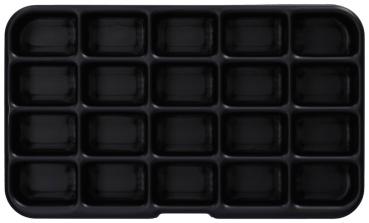 The image shows a rectangular shape with 20 small, rectangular indentations. The mold is black and has a smooth surface. It is likely suitable for freezing or baking.