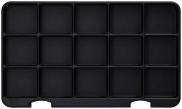 The image shows a black tray with 16 even, square compartments. It has a flat, rectangular shape and is without any decoration or pattern.