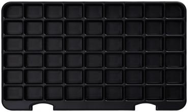 The image shows a black plastic tray with 42 equally sized, rectangular indentations in a regular grid. It is flat and has rounded corners.