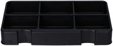Das Bild zeigt eine schwarze Aufbewahrungsbox mit sechs gleich großen Fächern. Die Fächer sind rechteckig und die Box hat leicht abgerundete Kanten. Sie ist flach und vielseitig einsetzbar.