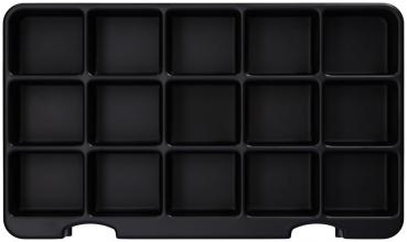 Das Bild zeigt ein schlichtes, schwarzes Tablett mit 15 rechteckigen Fächern, die gleichmäßig angeordnet sind. Es hat abgerundete Ecken und eine flache Oberfläche.