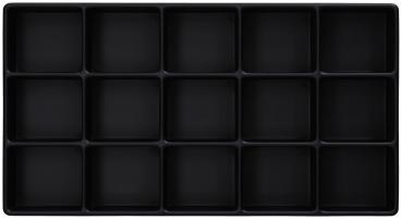 Das Bild zeigt ein schwarzes Tablett mit 16 gleich großen quadratischen Fächern, angeordnet in vier Reihen und vier Spalten. Es hat eine glatte Oberfläche und gerade Kanten.