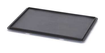 The image displays a rectangular, flat tray in matte black. It features a slightly recessed center and raised edges to prevent items from slipping off.