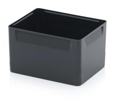 The image shows a rectangular, black plastic storage box. It has smooth walls and a sturdy bottom, suitable for organizing items.