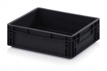 The image shows a rectangular, black plastic box without a lid. It has two side handles and appears sturdy. The walls are smooth and the corners are slightly rounded.