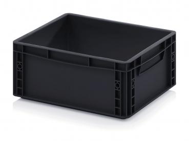 It is a square, black plastic box without a lid. It has rounded corners, handles on the sides, and a smooth interior that can be used for storage.