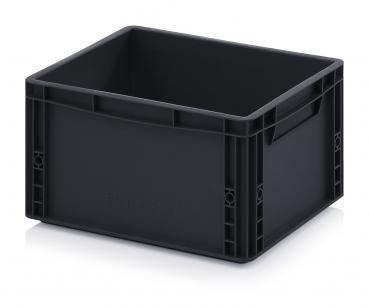 The image displays a square, black plastic box without a lid. It features handles on the shorter sides and is sturdy, with a smooth surface and rectangular shape.