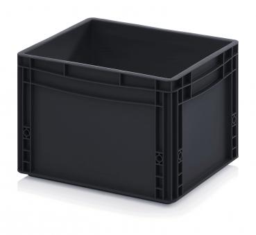 The image shows a square, black plastic box. It has high walls, is sturdy, and features practical handles on the sides. The surface is smooth and has visible corners.