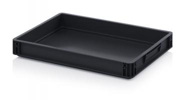 The image shows a black, rectangular tray without a lid. It has raised edges and two side handles for easy handling. The surface is smooth and even.
