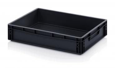 The image shows a rectangular, flat black plastic tray with open sides and slightly raised edges. It has two side handles for easy handling.