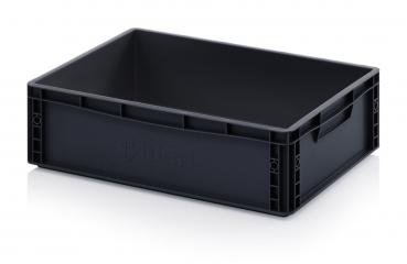 It is a rectangular, black plastic box with open handles on the sides. The walls are sturdy and the box has no lid. It appears robust and practical.