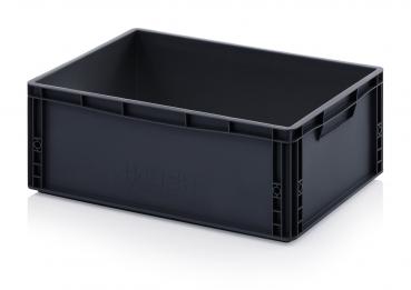 The image shows a rectangular, black plastic box. It has an open top and two integrated handles on the longer sides. The walls are smooth and sturdy.