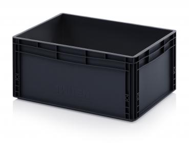 The image shows a rectangular, black plastic box. It has a smooth surface, no lids, and handle openings on the shorter sides for carrying. Ideal for storing items.