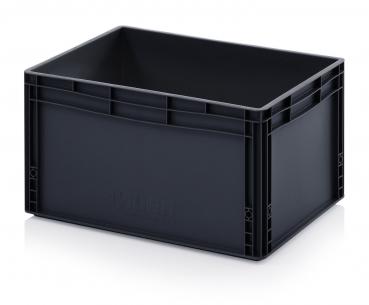 The image shows a black, rectangular plastic box without a lid. It has sturdy walls and a simple design, ideal for storing items.