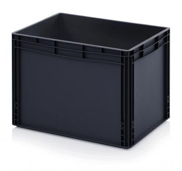 The image shows a rectangular, black plastic box. It has smooth walls, an open top, and is sturdy. The corners are slightly rounded, and the bottom is flat.