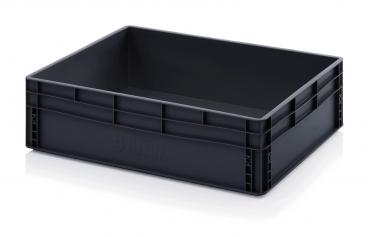 The image displays a rectangular, flat plastic box in black. It has high walls and is stackable. The surface is smooth, and the corners are rounded.