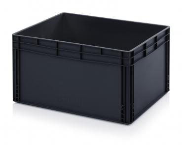 The image shows a black, rectangular plastic box. It has high walls and a box-shaped structure, without a lid. The corners are slightly rounded and the surface is smooth.