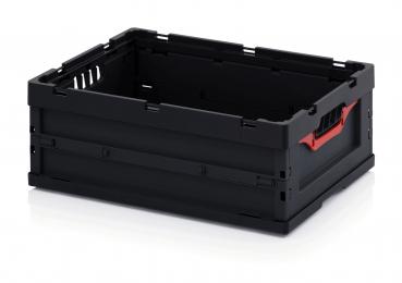 The image shows a rectangular, black plastic box with open sides and a red handle opening on the long side. The box is sturdy and is used for storage or transport.