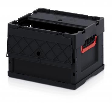 The image shows a black plastic box. It has an open top, a red handle, and a textured side with diamonds. The box is sturdy and easily portable.