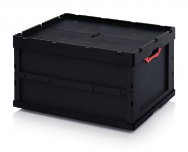 It is a black plastic box with a solid, flat lid. Red handles are attached to the sides. The box has a rectangular shape and is sturdy.