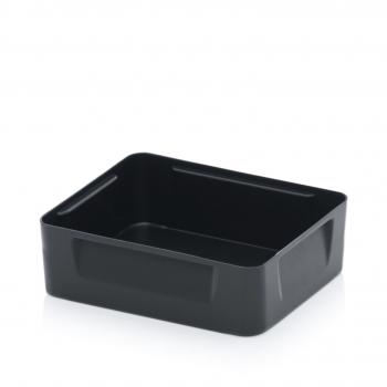 The image shows a rectangular, flat dish made of black plastic. It has straight edges and a smooth surface, ideal for storing or presenting food.