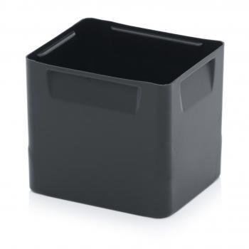 A square container made of black plastic. It has straight walls and an open top edge. The corners are slightly rounded, and the surface is smooth.