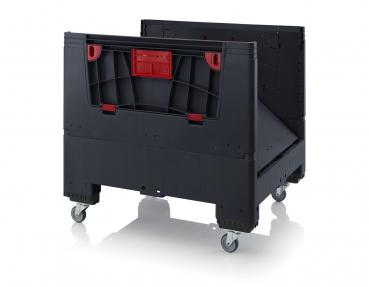 Das Bild zeigt einen schwarzen Rollcontainer mit rotem Griff. Er hat eine rechteckige Form, Rollen an der Unterseite und ist leicht geöffnet, um die Innenstruktur sichtbar zu machen.