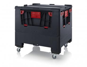 Das Bild zeigt einen stabilen, schwarzen Transportbehälter mit rotem Detail. Er hat eine quadratische Form, ist auf Rollen und hat einen abnehmbaren Deckel. Ideal für Lagerung und Transport.