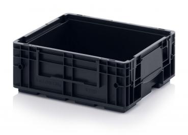 The image shows a black, rectangular plastic box without a lid. It has a textured surface with side handles and is sturdy, ideal for stacking or transporting items.