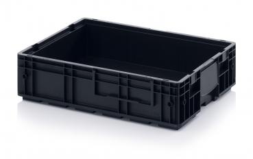 The image shows a rectangular, black plastic box without a lid. It has smooth walls and is sturdy, with small grooves for additional grip. Ideal for storing items.