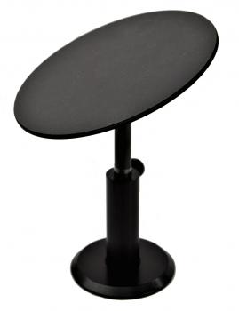 The image displays a simple, black table with an oval top and a sturdy, round base. The table features an adjustable, cylindrical stand.