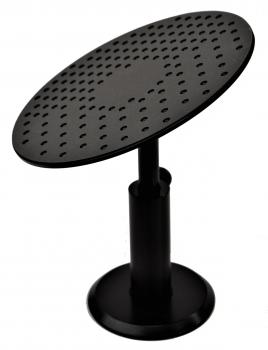 The image shows a black, round table with a perforated top. The table has a central pillar and a stable, round base. It appears modern and functional.