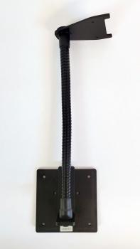 The image shows a flexible holder with a sturdy base mounted on a surface. The holder has a long, bendable arm and an upper, open bracket.