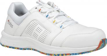 Der Schuh ist ein sportlicher, weißer Sneaker mit atmungsaktiven Einsätzen und bunten Akzenten an der Sohle. Er hat Schnürsenkel und eine bequeme, gepolsterte Innensohle.