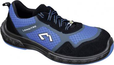Der Schuh ist ein sportlicher Sicherheitsschuh mit einem blauen und schwarzen Obermaterial. Er hat eine gepolsterte Sohle, Schnürsenkel und ein modernes Design. Ideal für Arbeit und Freizeit.