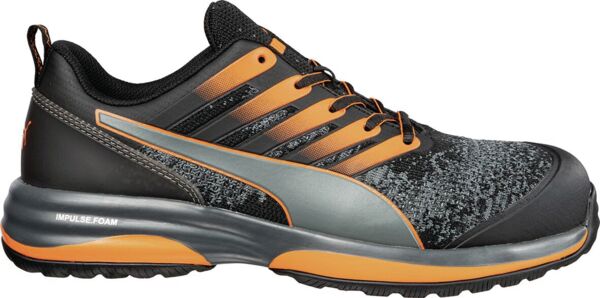 The shoe is sporty and features a top black with gray and silver accents. The sole is thick and stable. It has a quick lacing system and is suitable for versatile activities.