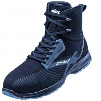 The shoe is a tall, black sports boot with laces. It has a sturdy sole and a padded top. A marking with the word "RUNNER" is visible on the side.