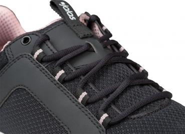 The image shows a black sports shoe with a striped texture. The laces are black, with a delicate pink insole. The shoe has a soft, breathable surface.