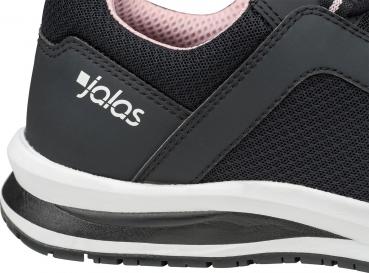 The image shows a sporty shoe in black with a padded, pink lining. The sole is white with a darker, textured underside. A logo is visible on the side.