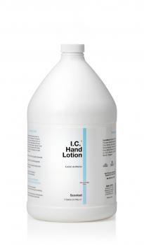 The image shows a large, white plastic bottle with a narrow neck and a closable lid. The label reads "I.C. Hand Lotion" and contains information on how to use it.