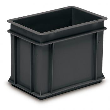 The image shows a rectangular, black plastic container. It has straight walls, an open top, and a sturdy structure, suitable for storage or transport.