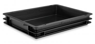 The image shows a black, flat plastic box with an open top. It has straight edges and is stackable, ideal for storage or transporting items.