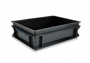 The image shows a black, flat plastic box. It has a rectangular shape, high side walls, and is sturdily made, ideal for storing or transporting items.
