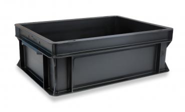 The image shows a rectangular, flat box made of black plastic. It has sturdy walls and an open top. The corners are slightly rounded.
